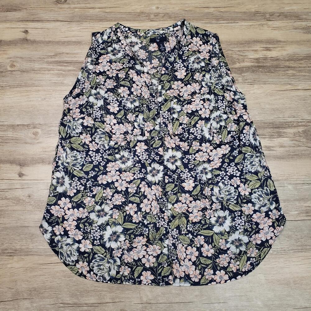 Gap Shirt Womens Petite Small Blue Floral Sleeveless V Neck Button Front Top